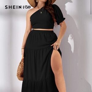 SHEIN VCAY Plus One Shoulder Crop Top & Split Thigh Skirt Set
